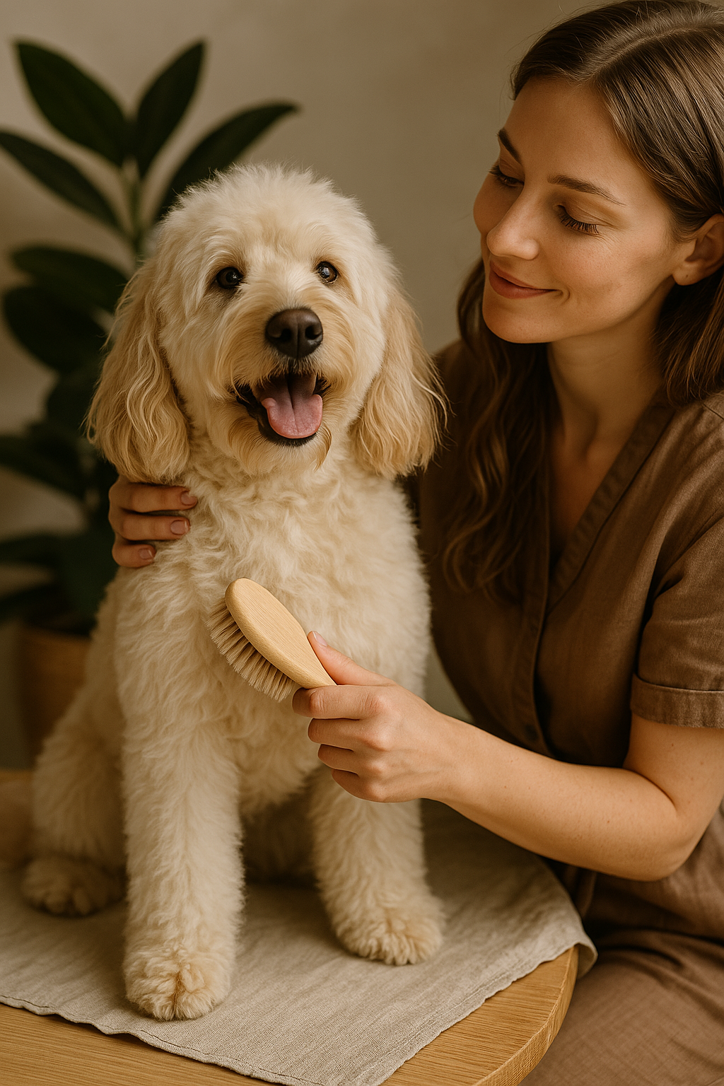 Une toiletteuse souriante brosse un chien au pelage bouclé dans un salon de toilettage professionnel
