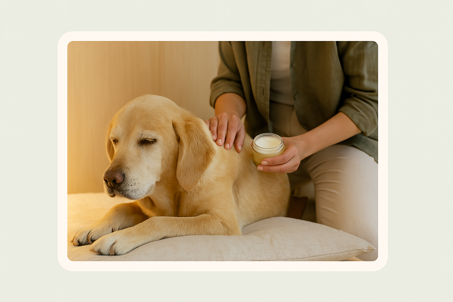 Brossage doux d’un chien allongé par un professionnel du toilettage dans un environnement apaisant