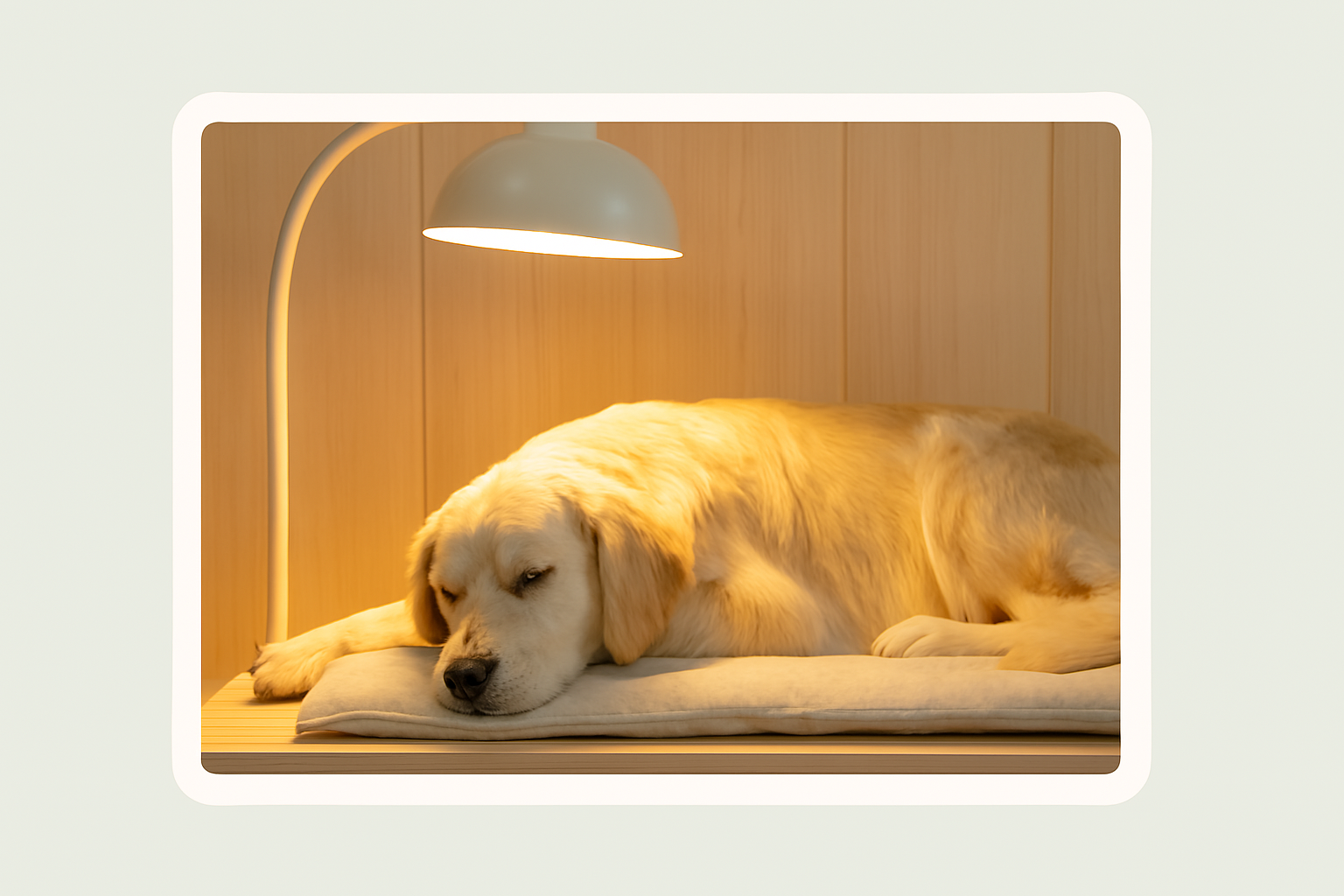 Chien allongé sous une lampe chauffante dans un espace de repos ou de récupération vétérinaire