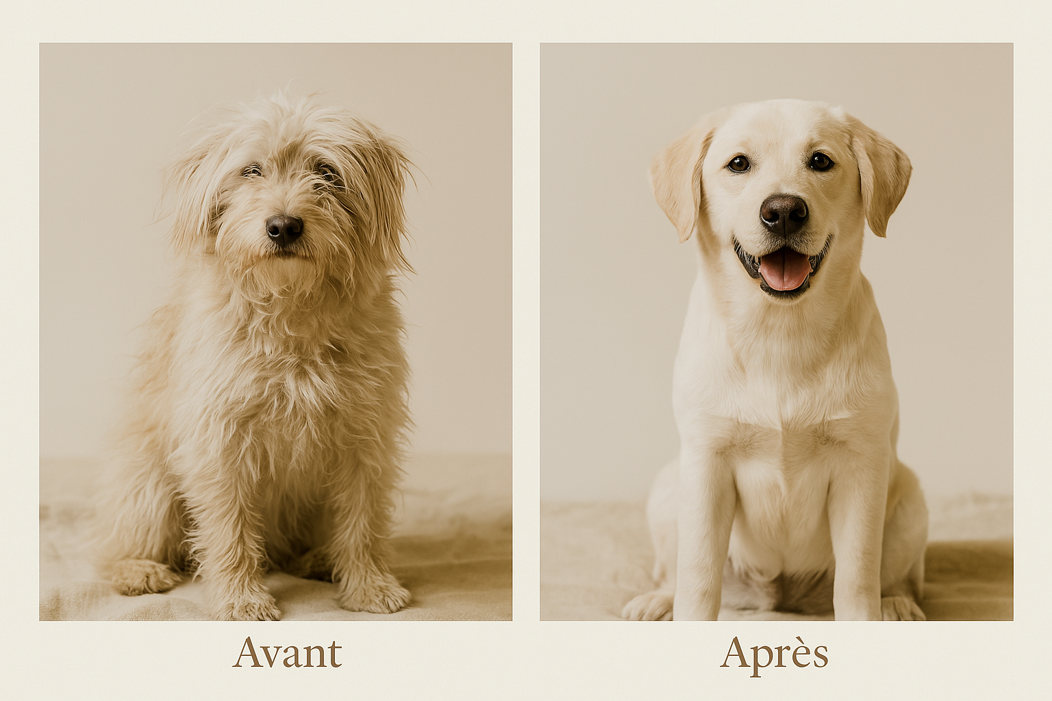 Avant et après une séance de toilettage : transformation d’un chien au pelage long et emmêlé en chien propre et bien coiffé