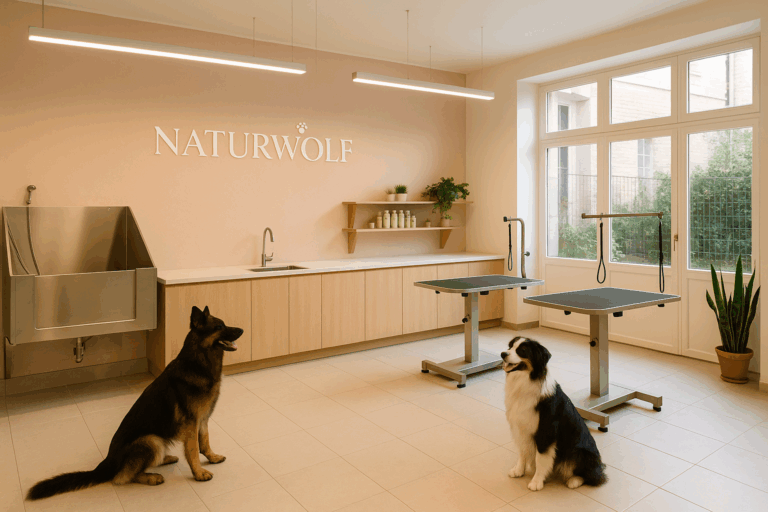 Salon de toilettage moderne et lumineux avec deux chiens en attente sur le sol