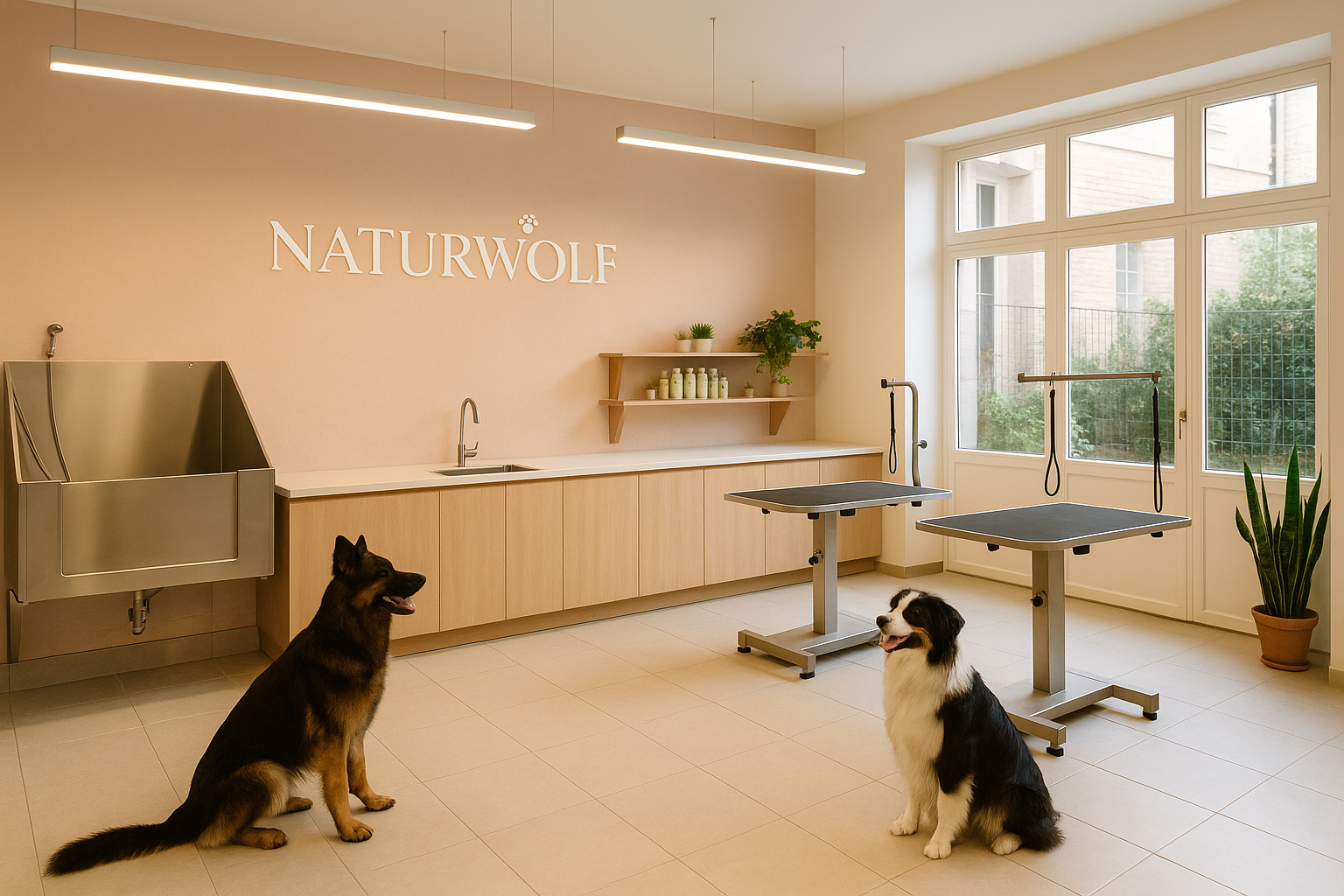 Salon de toilettage moderne et lumineux avec deux chiens en attente sur le sol