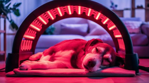 Chien recevant une séance de photobiomodulation au laser rouge dans une clinique vétérinaire